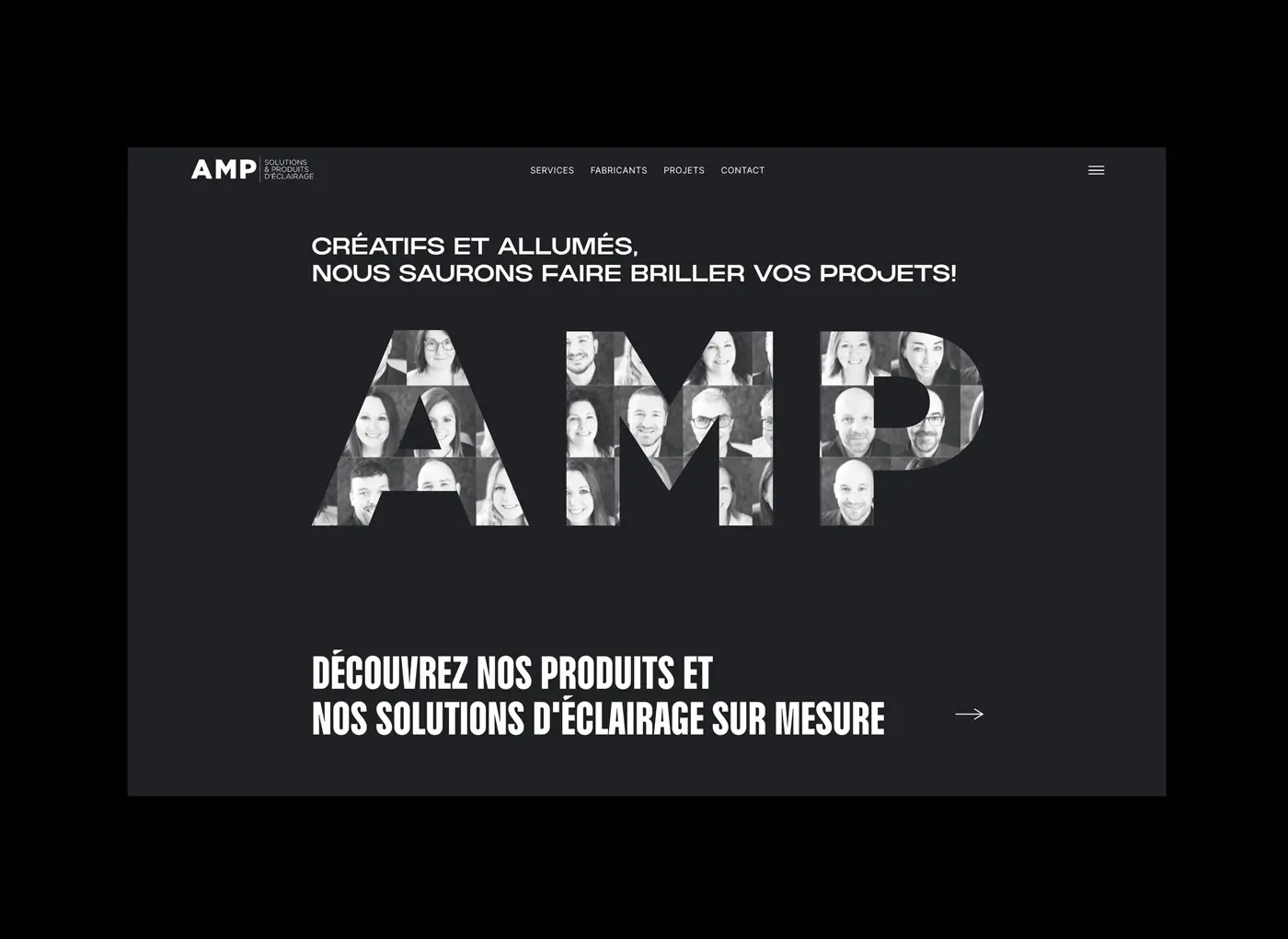 Site web AMP Solutions – page d’accueil avec design épuré en noir, gris et jaune