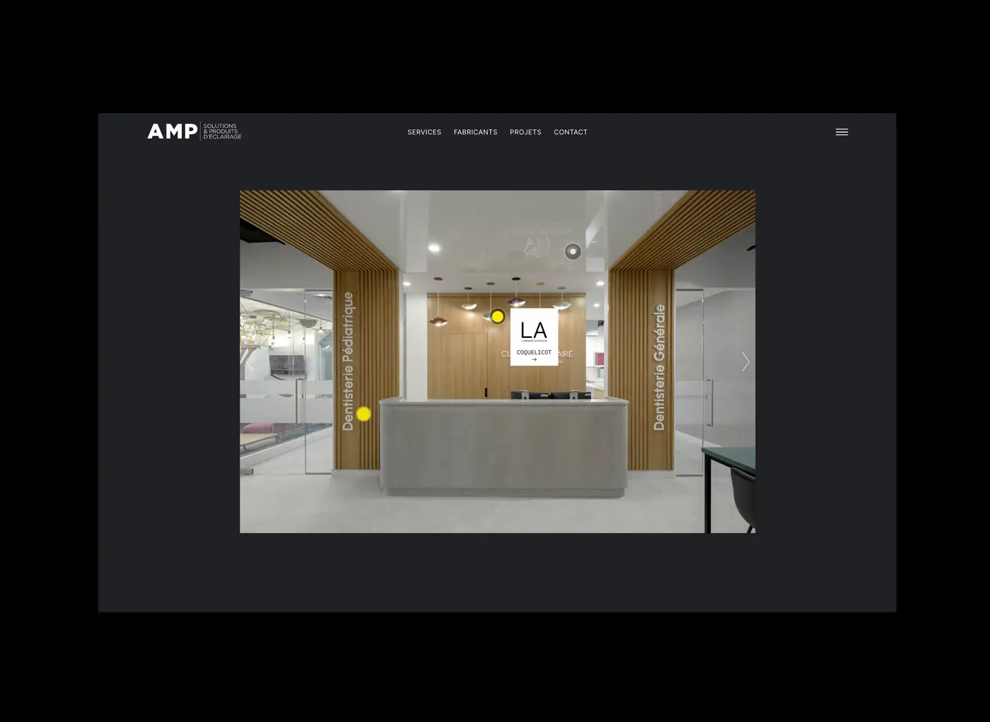 Section du site AMP Solutions présentant les produits d’éclairage avec design élégant