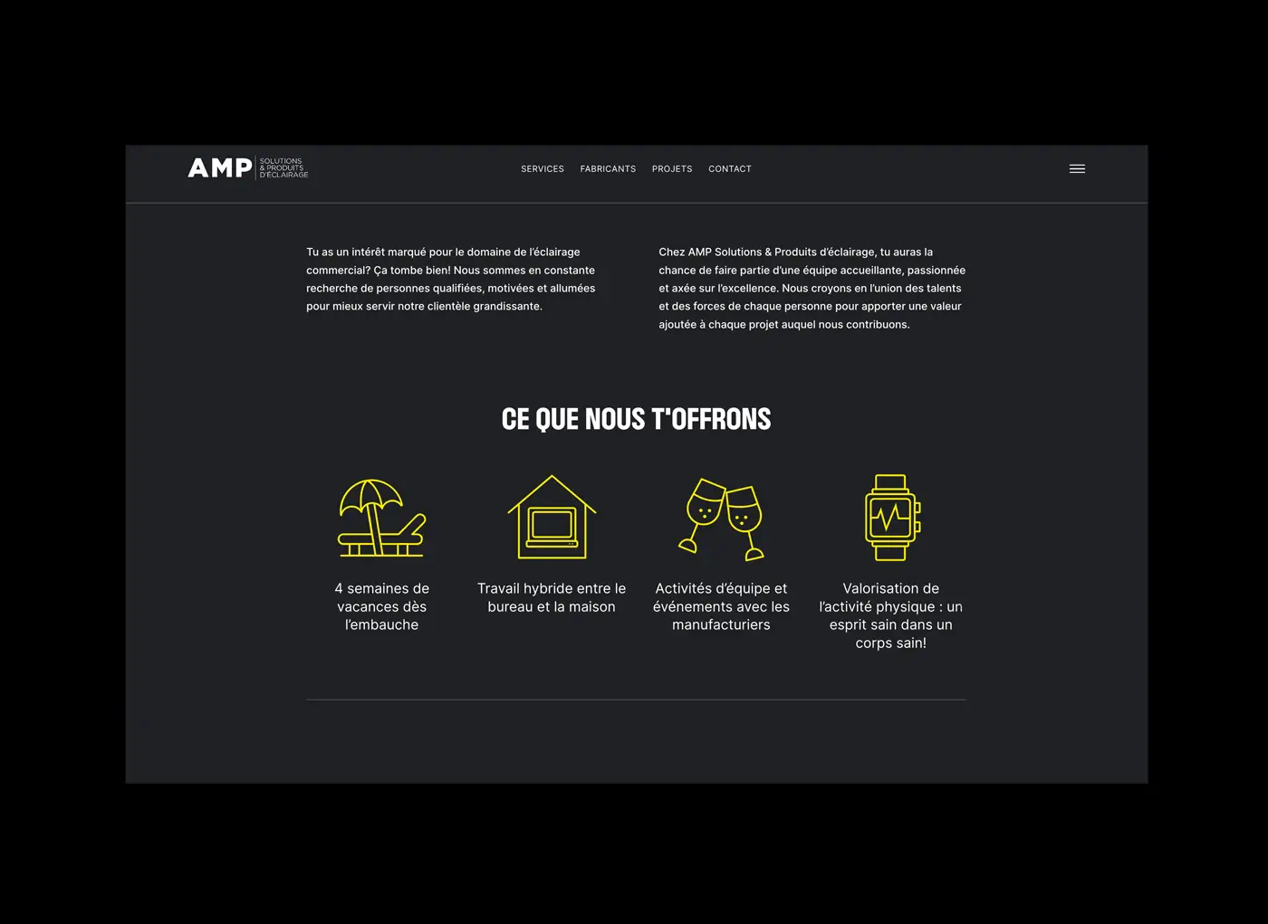Site web AMP Solutions – icones avec design épuré en noir, gris et jaune