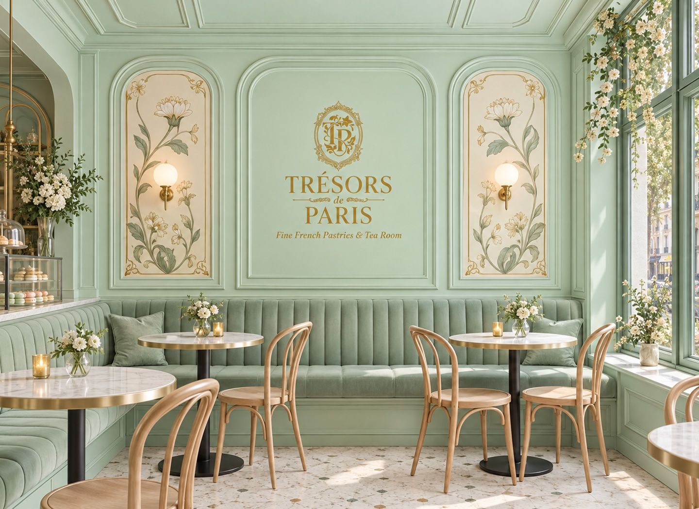 Déclinaisons du branding de la pâtisserie Trésors de Paris