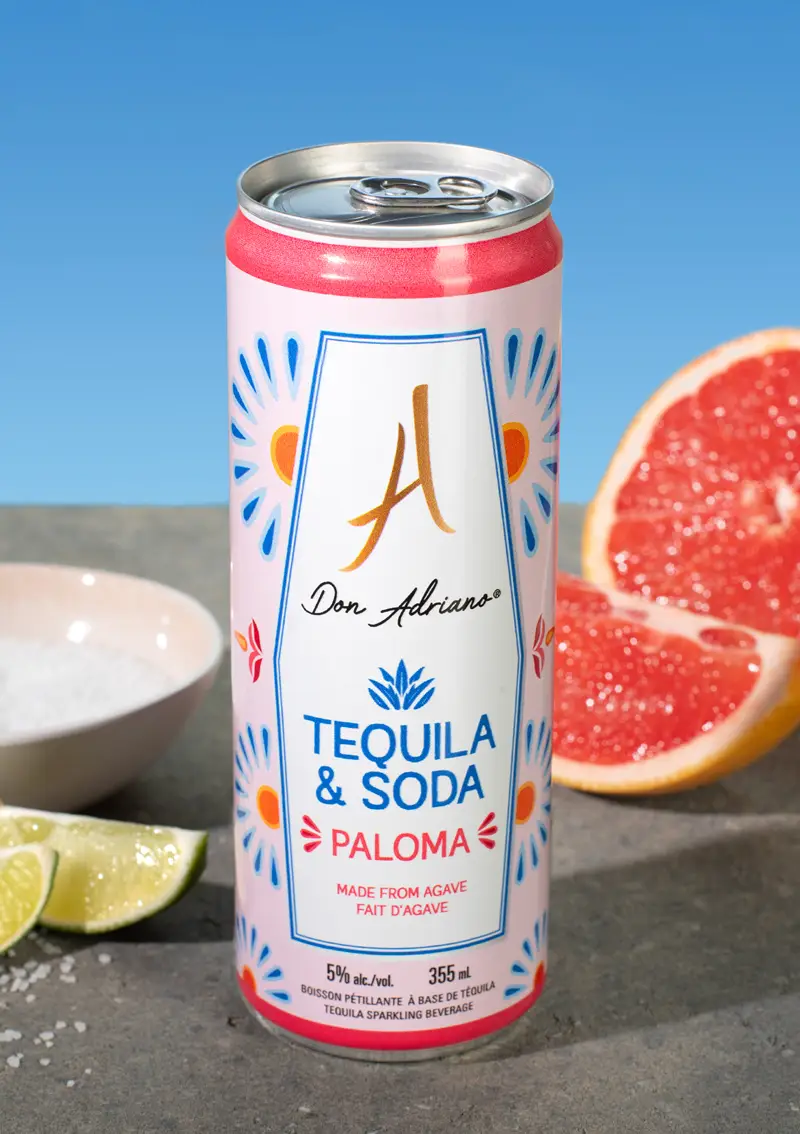 Canette Don Adriano Paloma – Tequila & Soda, agrumes et sel sur fond de ciel bleu.