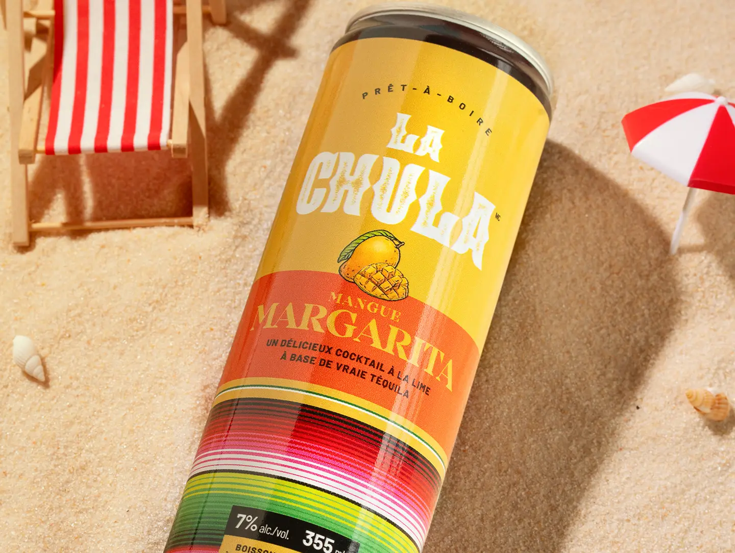 La Chula Mango Margarita avec étiquette jaune illustrée de mangue – design packaging Tadam Studio