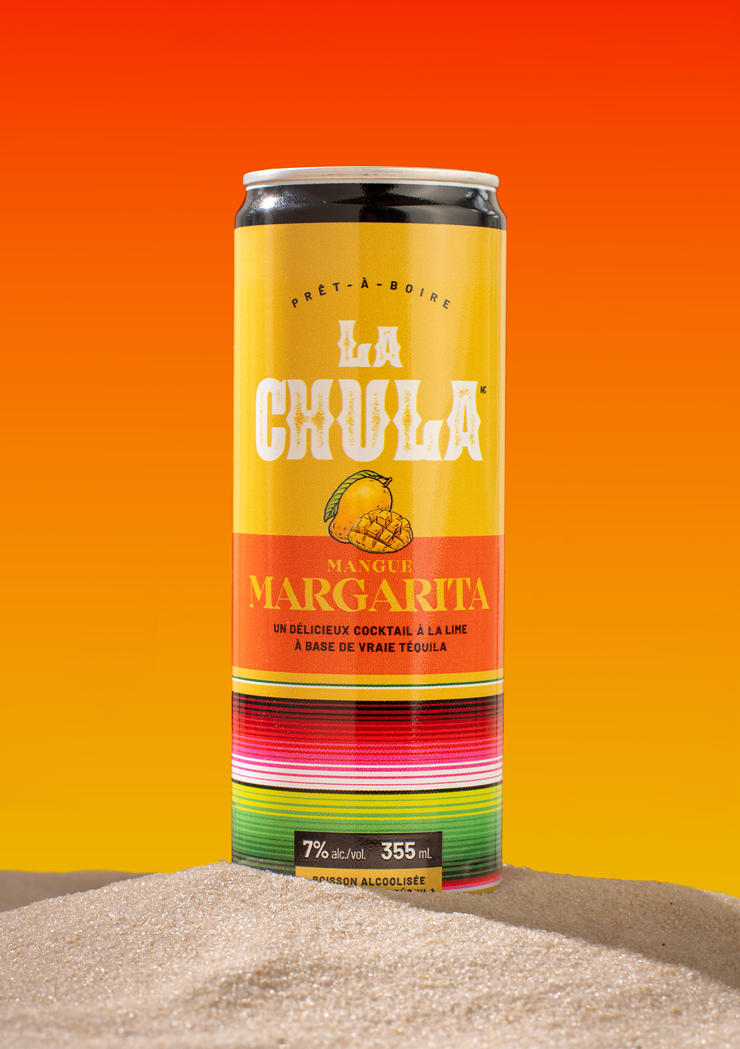 Canette de cocktail La Chula Mango Margarita avec design coloré et motifs mexicains