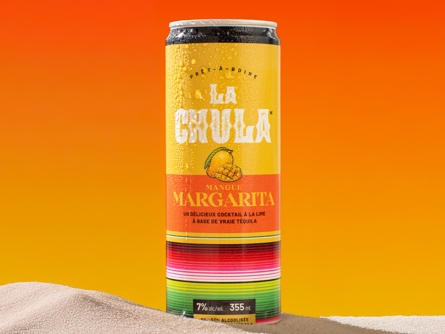 Canette de cocktail La Chula Mango Margarita avec design coloré et motifs mexicains