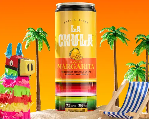 La Chula Mango Margarita avec étiquette jaune illustrée de mangue – design packaging Tadam Studio