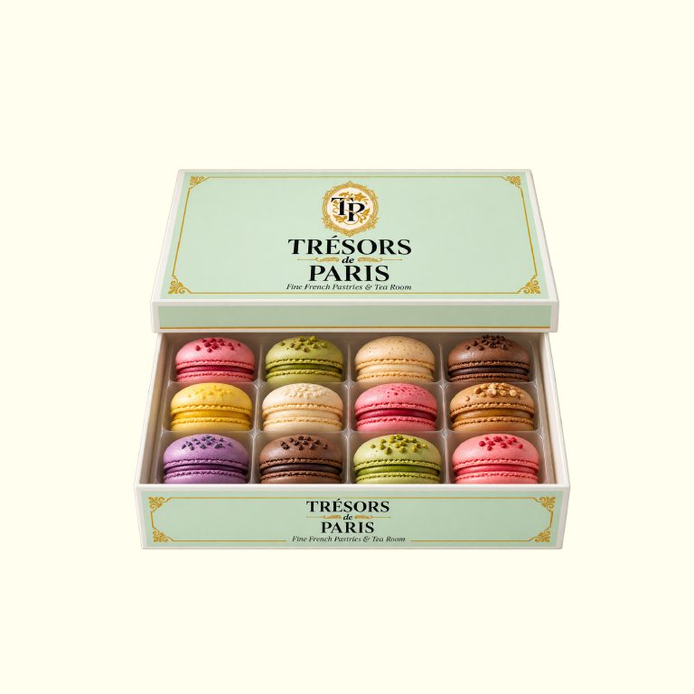 Boîte de macarons Trésors de Paris aux couleurs de la marque