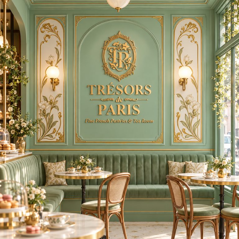 Salon de thé Trésors de Paris, enseigne dorée sur mur vert menthe